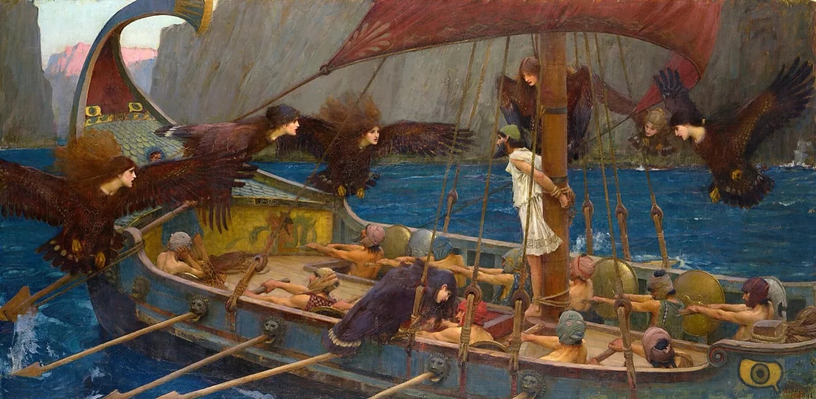 Ulysses tied to the mast of his ship while the Sirens reach toward him from the rocks