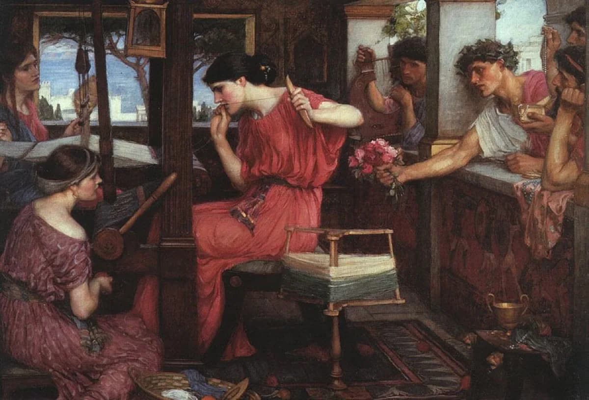 Penelope seated at her loom, surrounded by suitors pressing their case while she keeps working